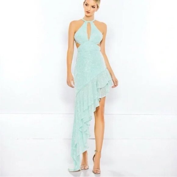 Ieena Mac Duggal 11274 Aqua Blue Sequin Halter Cut Out Ruffle Asymmetric Dress - Picture 3 of 5
